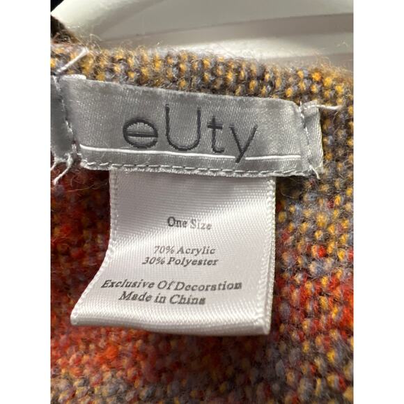 Euty Women’s Oversized Patterned Poncho w/ Hoodie Sweater One Size Red Orange - Picture 5 of 6